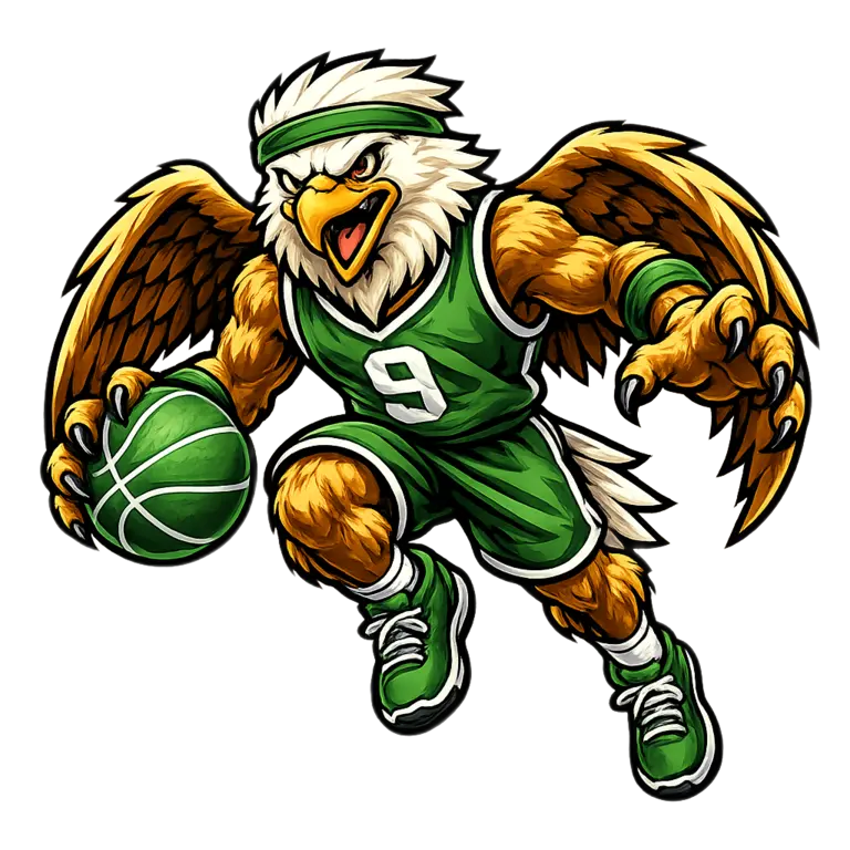 Eagle basketball mascot mid-stride with a basketball.